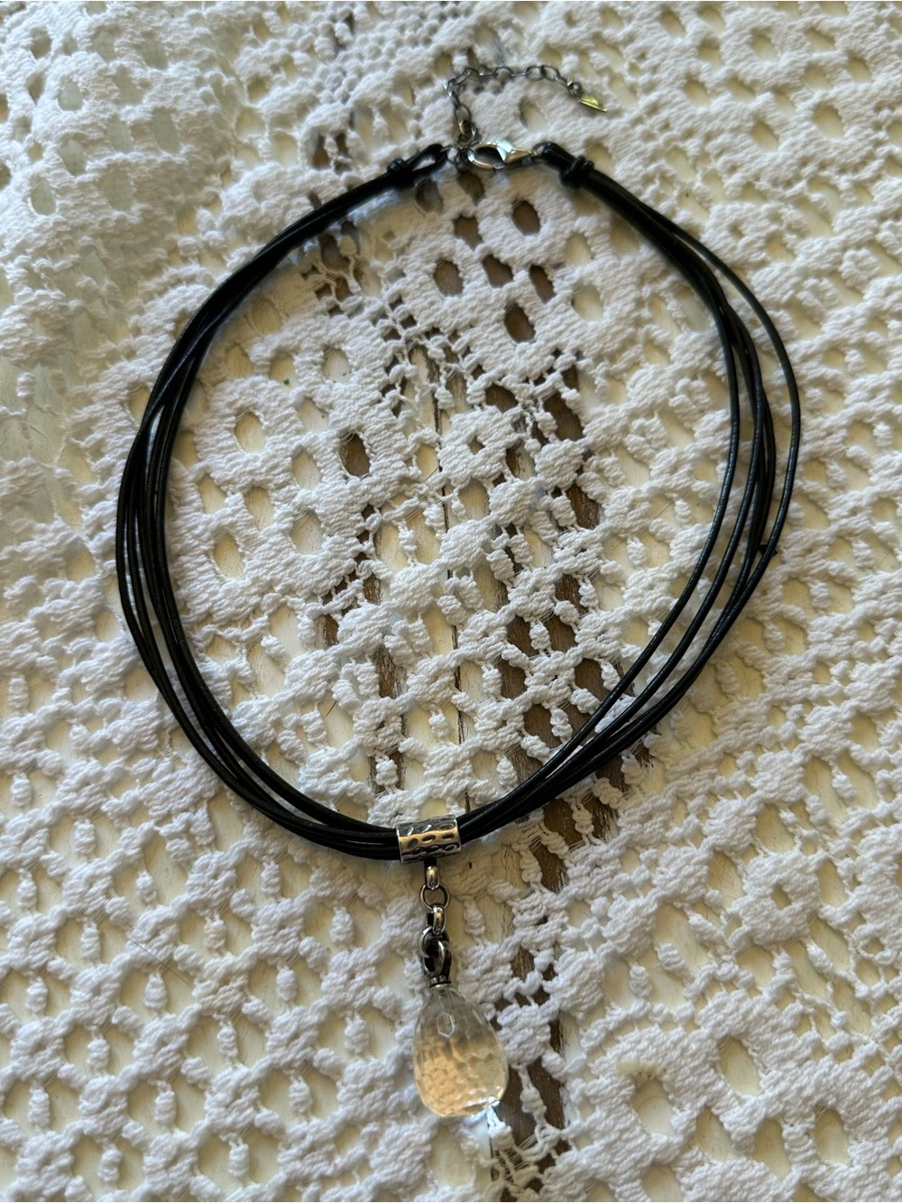 Silpada Black Multi-Strand Leather Choker Necklace with Clear Teardrop Pendant
